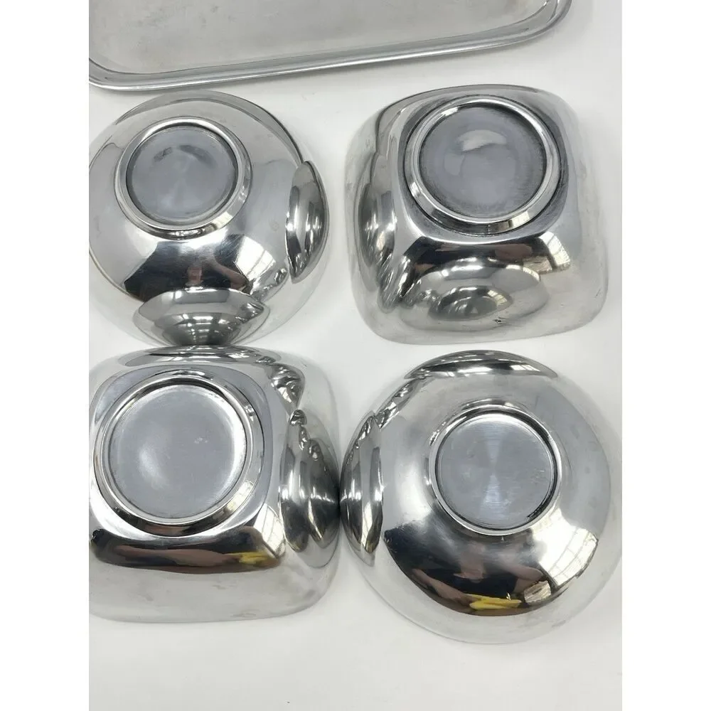 Pottery Barn Barona Condiment Snack Tray Bowls Square Silver Aluminum Party Set